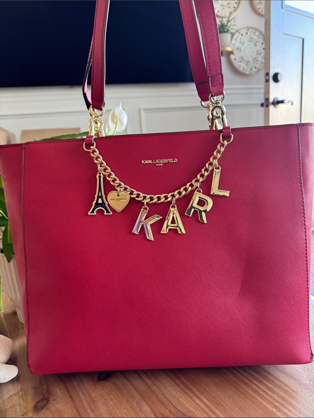 Karl Lagerfeld Red Tote with Gold Charm Chain